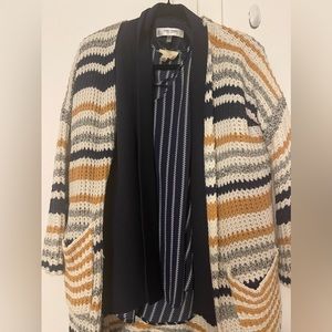 Striped cardigan, navy blue blazer, striped blouse office work business casual